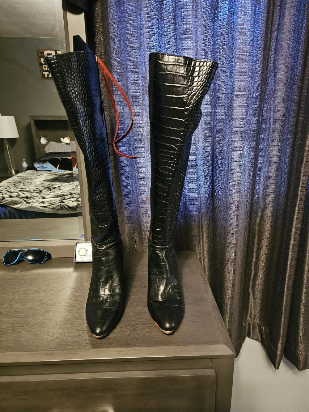 Black Croc-Embossed Knee-High Leather Boots - Women